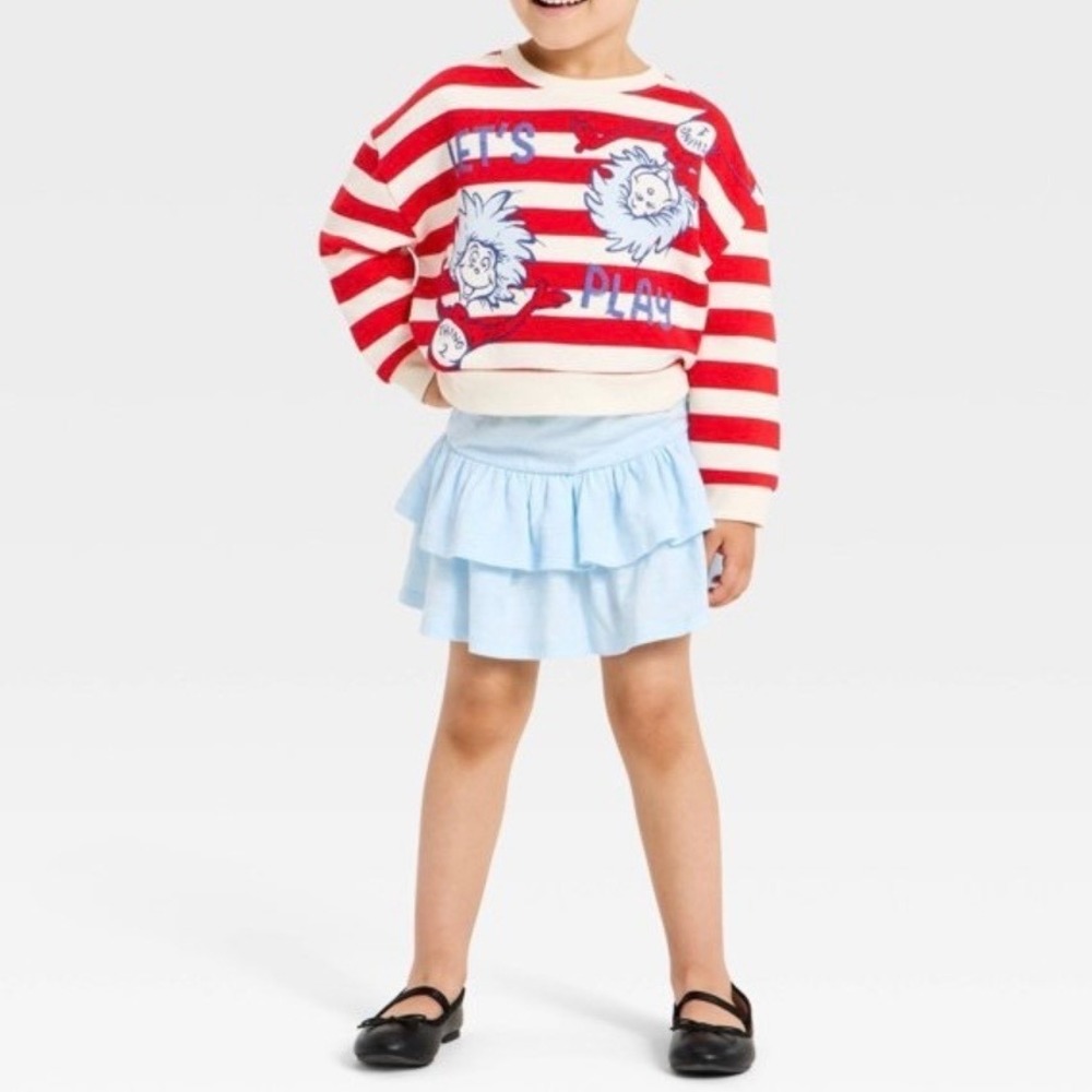 Dr Seuss Thing 1 & 2 Kids Striped Sweatshirt and Ruffle Skirt Set Red Blue 18M - Picture 4 of 7
